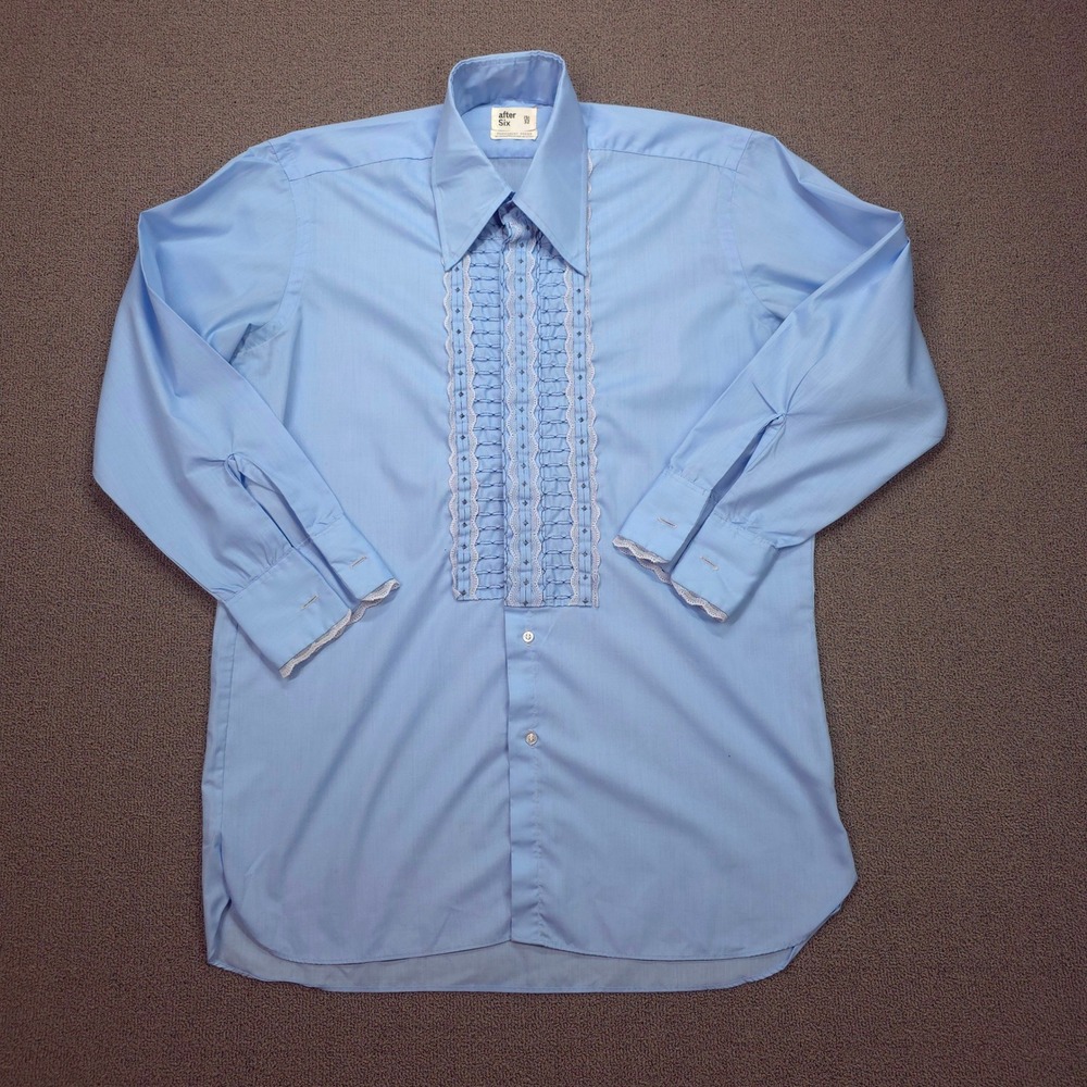 After Six Mens Vintage 70s Ruffle Tuxedo Shirt Blue Lace Trim 15.5 x‎ 32